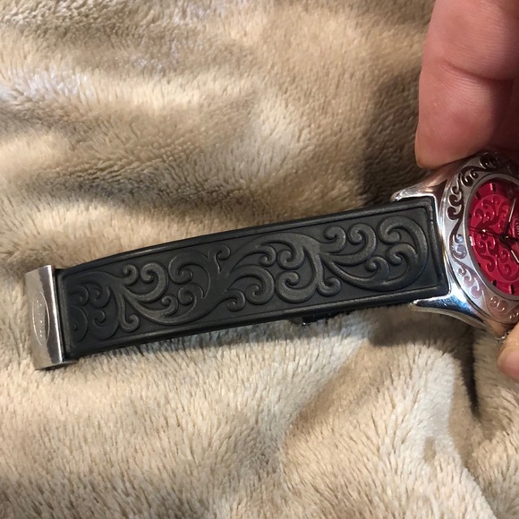 LOIS HILL Round Hot Pink Scroll Face Watch Filigree Rubber Band Sapphire Crystal - Picture 15 of 17